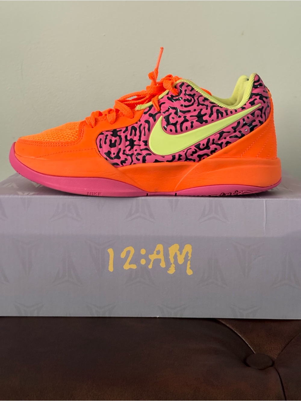 Ja Morant Nike Kids Neon Orange & Hot Pink Basketball Sneakers with Lime Swoosh